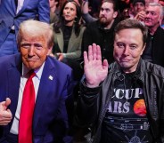 Donald Trump and Elon Musk posing for the camera. Trump in a navy suit and red tie, Musk in a leather jacket and space themed black t shirt.