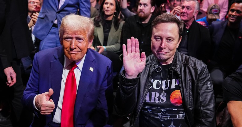 Donald Trump and Elon Musk posing for the camera. Trump in a navy suit and red tie, Musk in a leather jacket and space themed black t shirt.