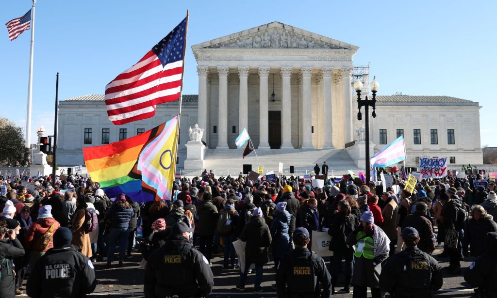 Crowds standing outside the US Supreme Court ahead of US v Skrmetti.