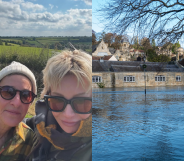 Split photo of Ellen DeGeneres and Portia de Rossi, and flooding in the UK after Storm Bert.