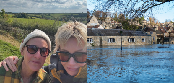 Split photo of Ellen DeGeneres and Portia de Rossi, and flooding in the UK after Storm Bert.