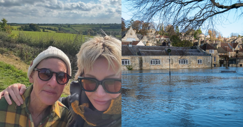 Split photo of Ellen DeGeneres and Portia de Rossi, and flooding in the UK after Storm Bert.