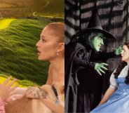 Split photo of Ariana Grande and Drew Barrymore, and a still from the original Wizard of Oz movie.