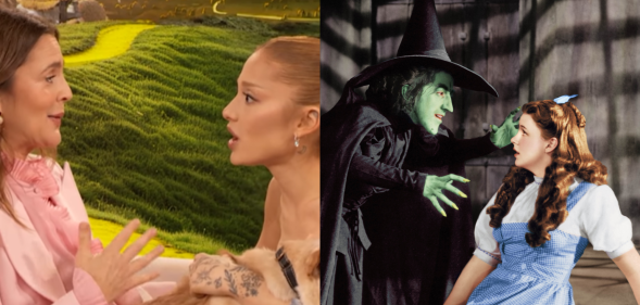 Split photo of Ariana Grande and Drew Barrymore, and a still from the original Wizard of Oz movie.