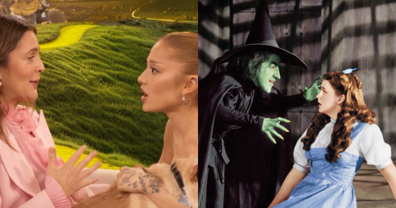 Split photo of Ariana Grande and Drew Barrymore, and a still from the original Wizard of Oz movie.