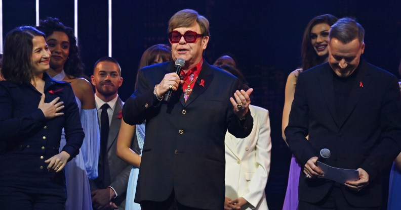 Elton John on stage at the Devil Wears Prada musical charity gala premiere