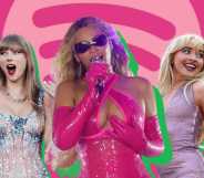 Troye Sivan, Taylor Swift, Beyoncé, Sabrina Carpenter and Chappell Roan performing in front of a Spotify logo.