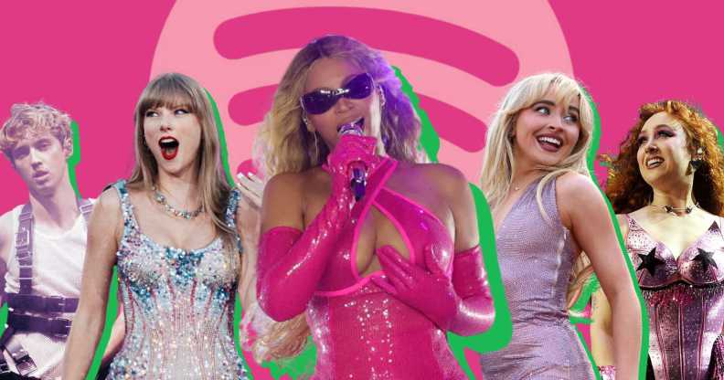 Troye Sivan, Taylor Swift, Beyoncé, Sabrina Carpenter and Chappell Roan performing in front of a Spotify logo.