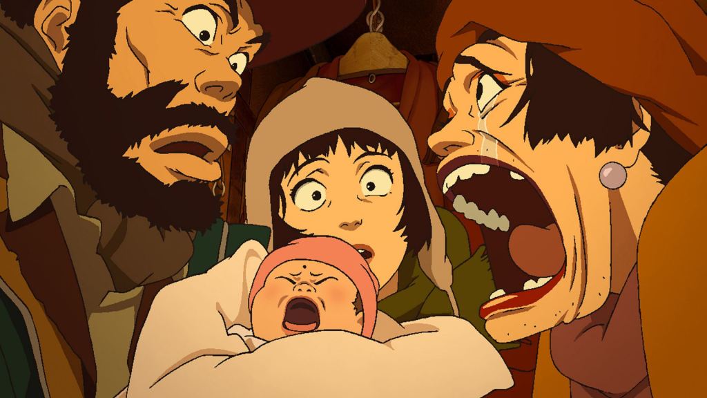 Tokyo Godfathers still; three people shocked holding a crying baby