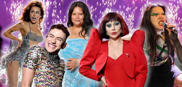 Images of Miley Cyrus, Olly Alexander, Shygirl, Lady Gaga and Sasami against a purple, sparked background