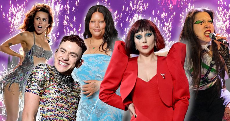 Images of Miley Cyrus, Olly Alexander, Shygirl, Lady Gaga and Sasami against a purple, sparked background