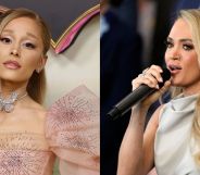 Ariana Grande on the left at a premiere for Wicked wearing a big pink dress. On the right, Carrie Underwood performs at the Trump inauguration, holding a microphone.