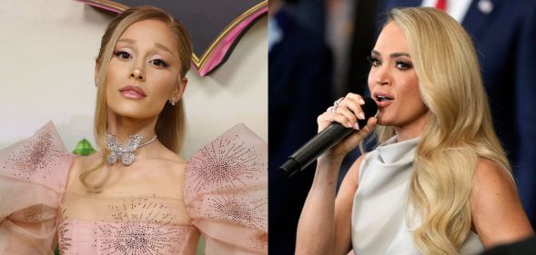 Ariana Grande on the left at a premiere for Wicked wearing a big pink dress. On the right, Carrie Underwood performs at the Trump inauguration, holding a microphone.