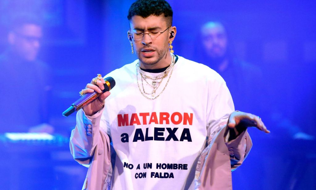 Bad Bunny wearing a T-shirt dedication to Alexa Negron Luciano. 