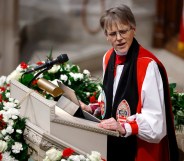 Bishop Mariann Edgar Budde delivers a sermon during the National Prayer Service at Washington National Cathedral.