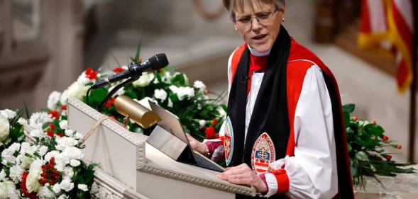 Bishop Mariann Edgar Budde delivers a sermon during the National Prayer Service at Washington National Cathedral.