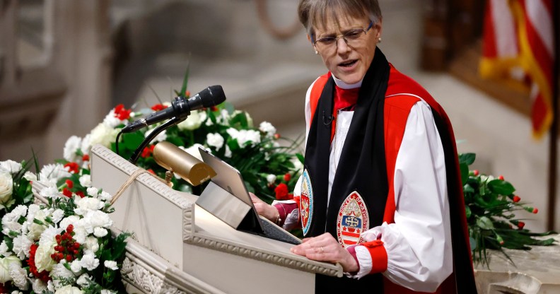 Bishop Mariann Edgar Budde delivers a sermon during the National Prayer Service at Washington National Cathedral.