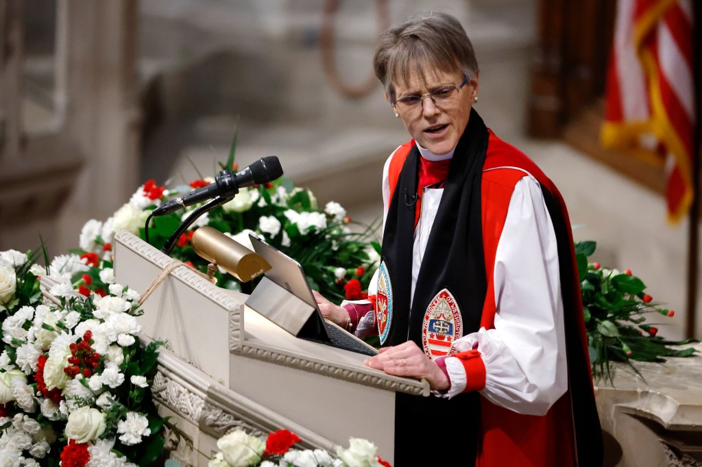 Bishop Mariann Edgar Budde delivers a sermon during the National Prayer Service at Washington National Cathedral.