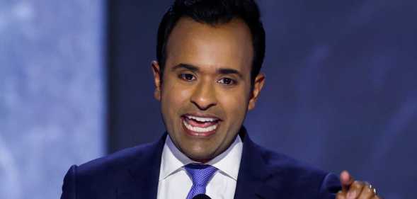 Businessman Vivek Ramaswamy speaks on stage on the second day of the Republican National Convention.