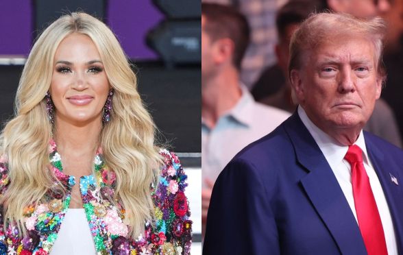 On the left, Carrie Underwood in a colourful blazer performing on Good Morning America. On the right, Donald Trump wears a blue blazer, red tie and white shirt at an event.