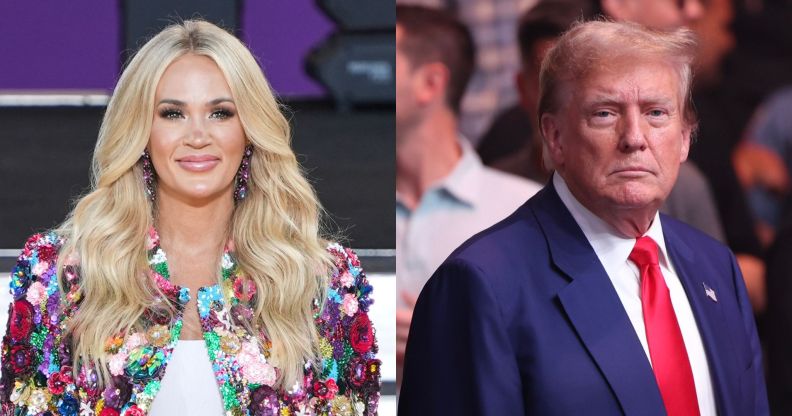 On the left, Carrie Underwood in a colourful blazer performing on Good Morning America. On the right, Donald Trump wears a blue blazer, red tie and white shirt at an event.