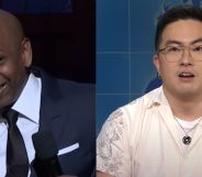 Dave Chappelle holding a cigarette and smiling during his recent SNL appearance (left). Bowen Yang wearing a white shirt looking at the camera open-mouthed during an SNL appearance three years ago.