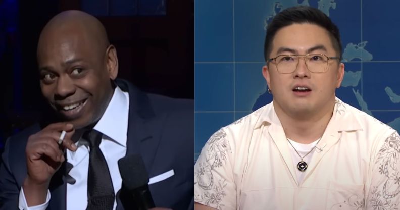 Dave Chappelle holding a cigarette and smiling during his recent SNL appearance (left). Bowen Yang wearing a white shirt looking at the camera open-mouthed during an SNL appearance three years ago.