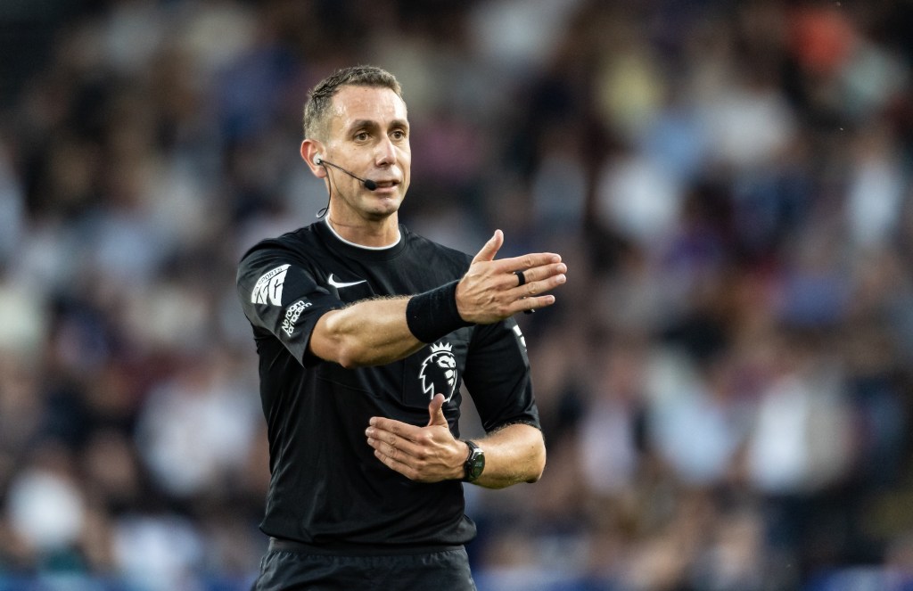 LONDON, ENGLAND - SEPTEMBER 21: Referee David Coote gestures during the Premier League match between Crystal Palace FC and Manchester United FC at Selhurst Park on September 21, 2024 in London, England. (Photo by Andrew Kearns - CameraSport via Getty Images)