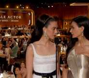 Demi Moore and Margaret Qualley on stage at the 82nd Golden Globes