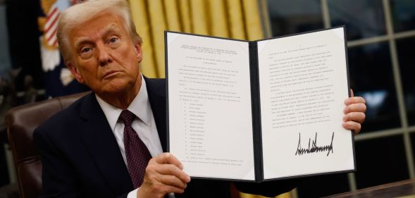 US President Donald Trump holding up an executive order after his inauguration on Monday 20 January 2025