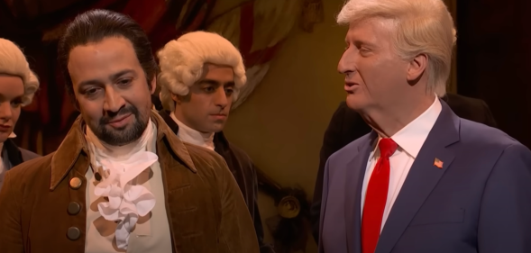 Lin-Manuel Miranda struggled to contain his laughter during SNL's Donald Trump skit. (John Lamparski/Getty Images)