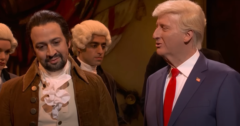 Lin-Manuel Miranda struggled to contain his laughter during SNL's Donald Trump skit. (John Lamparski/Getty Images)