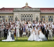 Couples and members of LGBTQ community pose for photos to promote "Marriage Equality Day" at the Government House in Bangkok on January 15, 2025.