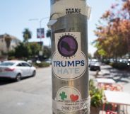 Decal reading "Trumps Hate" and another reading "Lavender Scared", referencing the Lavender Scare anti-LGBT movement of the 1950s, in Berkeley California (Getty)