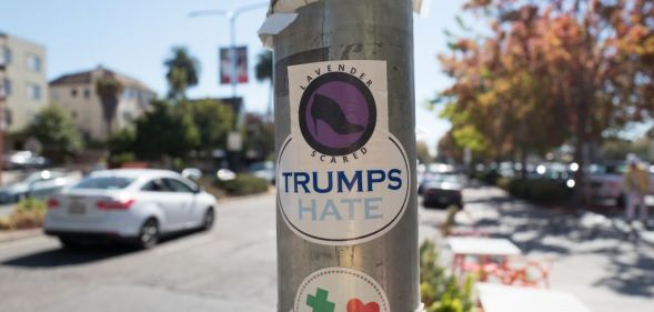 Decal reading "Trumps Hate" and another reading "Lavender Scared", referencing the Lavender Scare anti-LGBT movement of the 1950s, in Berkeley California (Getty)