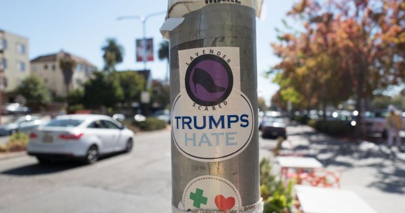 Decal reading "Trumps Hate" and another reading "Lavender Scared", referencing the Lavender Scare anti-LGBT movement of the 1950s, in Berkeley California (Getty)