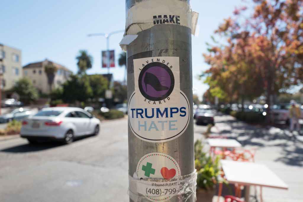 Decal reading "Trumps Hate" and another reading "Lavender Scared", referencing the Lavender Scare anti-LGBT movement of the 1950s, in Berkeley California (Getty)