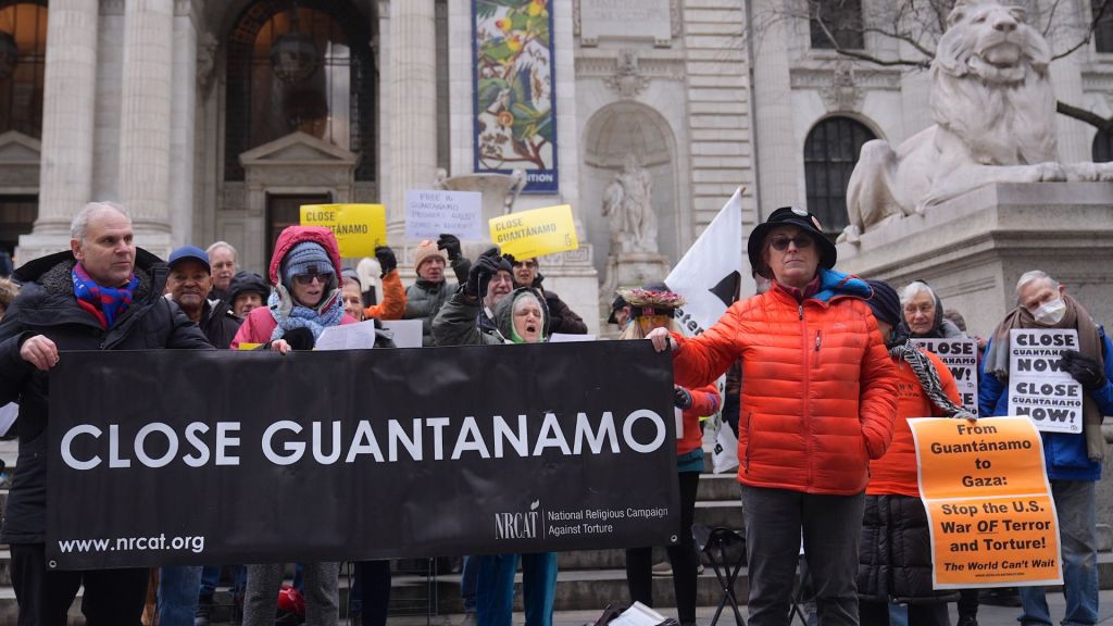 A group of peace activists gathered in front of the New York Public Library to protest the Guantanamo Bay detention camp on Saturday 11 January 2025