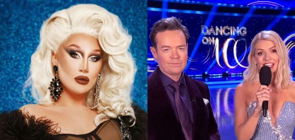 The Vivienne (left) in a promo photo for her 2023 appearance on Dancing on Ice. Holly Willoughby and Stephen Mulhern (right) address viewers at home during the first episode of the new season of Dancing on Ice.