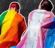 Two activists wearing Pride flags as capes.