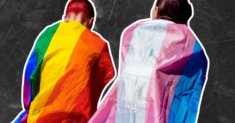 Two activists wear Pride flags as capes.