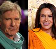 Harrison Ford wearing a green scarf next to Karla Sofía Gascón in an orange dress.