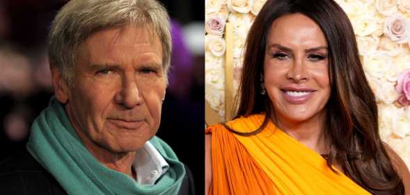 Harrison Ford wearing a green scarf next to Karla Sofía Gascón in an orange dress.