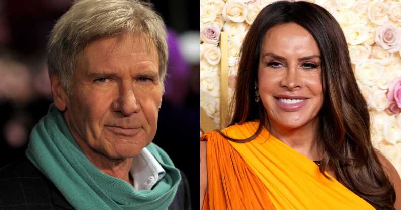 Harrison Ford wearing a green scarf next to Karla Sofía Gascón in an orange dress.