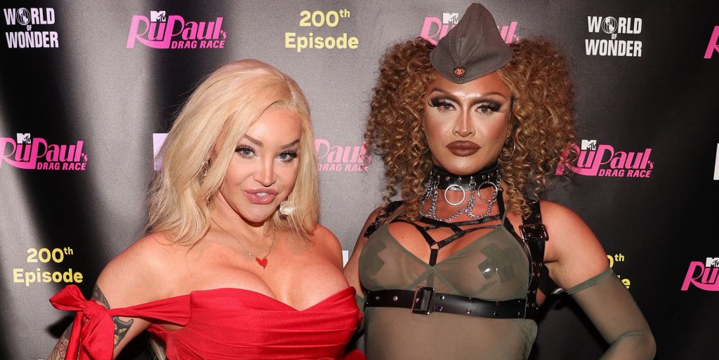 Kylie Sonique Love and Sasha Colby attend "RuPaul's Drag Race" 200th Episode Celebration at Heart Weho on February 24, 2023 in West Hollywood, California