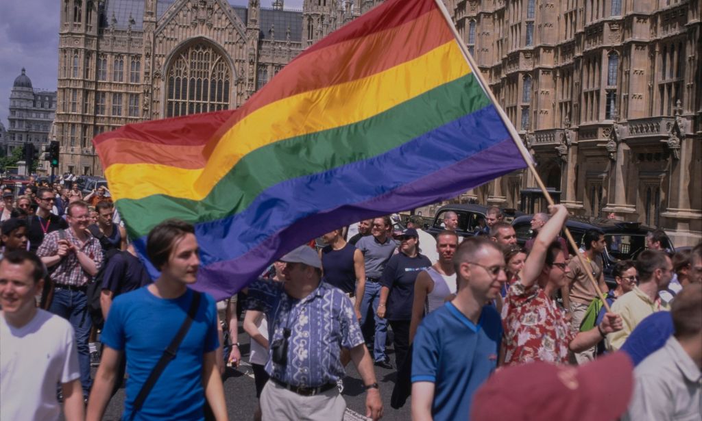 A crowd of LGBTQ+ protestors, with one waving a Pride flag.