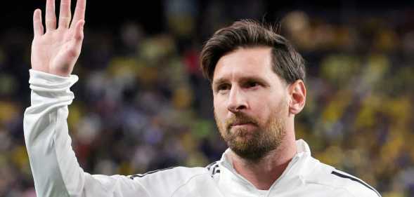 Lionel Messi #10 of Inter Miami CF waves to fans during warmups.