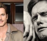 On the left, Matt Bomer in a brwon jacket, smiling while at an event. On the right, the grey cover of A Little Life, featuring a man weeping with his hand against his face