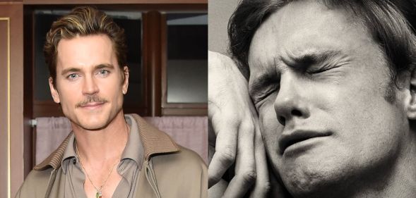 On the left, Matt Bomer in a brwon jacket, smiling while at an event. On the right, the grey cover of A Little Life, featuring a man weeping with his hand against his face