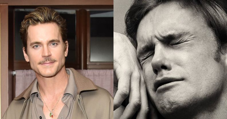 On the left, Matt Bomer in a brwon jacket, smiling while at an event. On the right, the grey cover of A Little Life, featuring a man weeping with his hand against his face